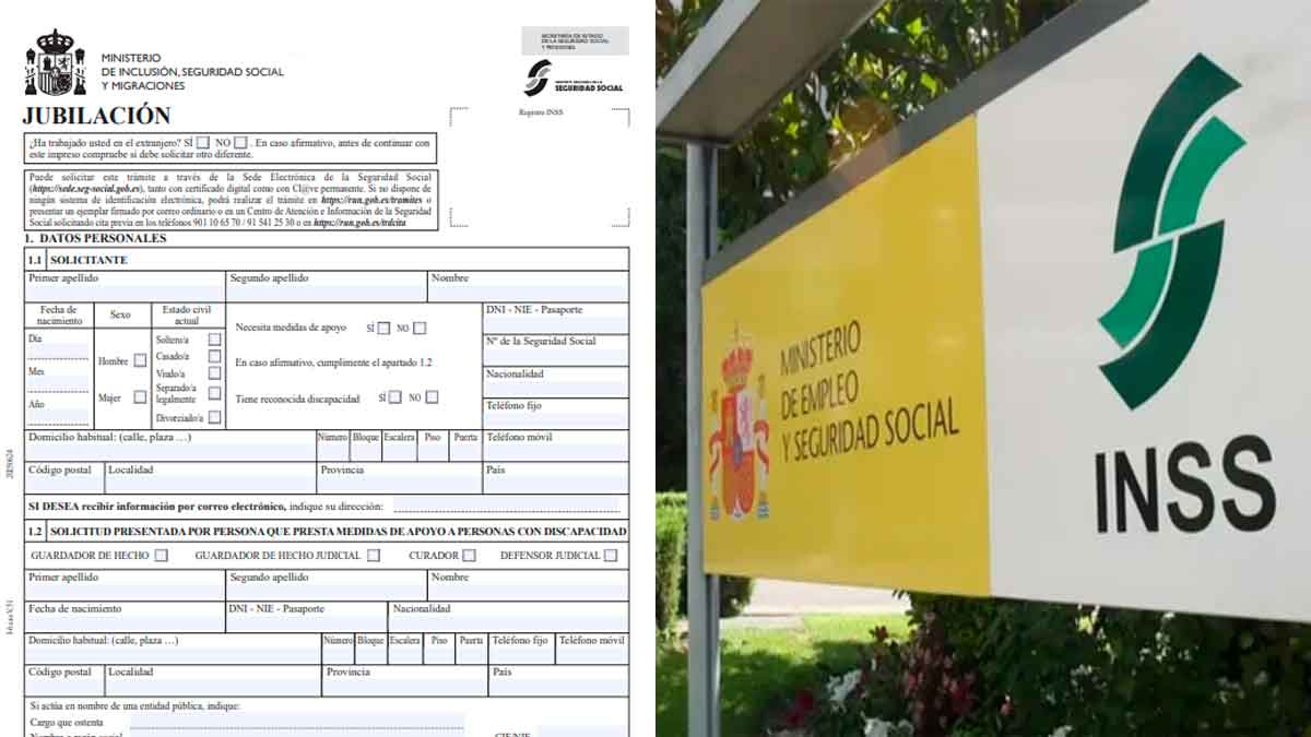 Formulario de solicitud de pensión de jubilación y sede del INSS