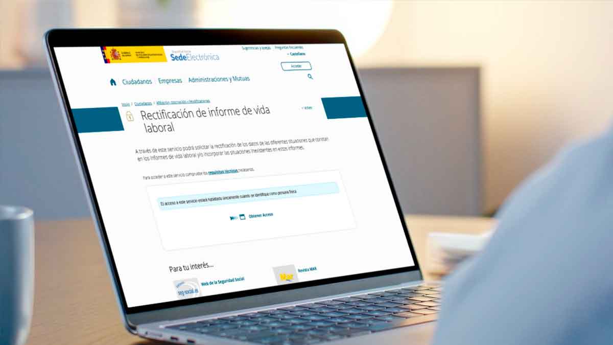 Pantalla de la Sede Electrónica de la Seguridad Social para corregir errores en el informe de vida laboral