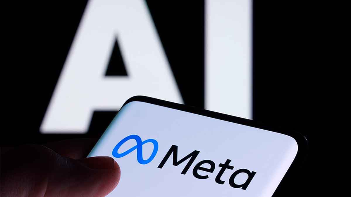 Teléfono móvil con el logo de Meta sobre fondo con letras IA, ilustrando la estafa de phishing que roba cuentas de Instagram y Facebook