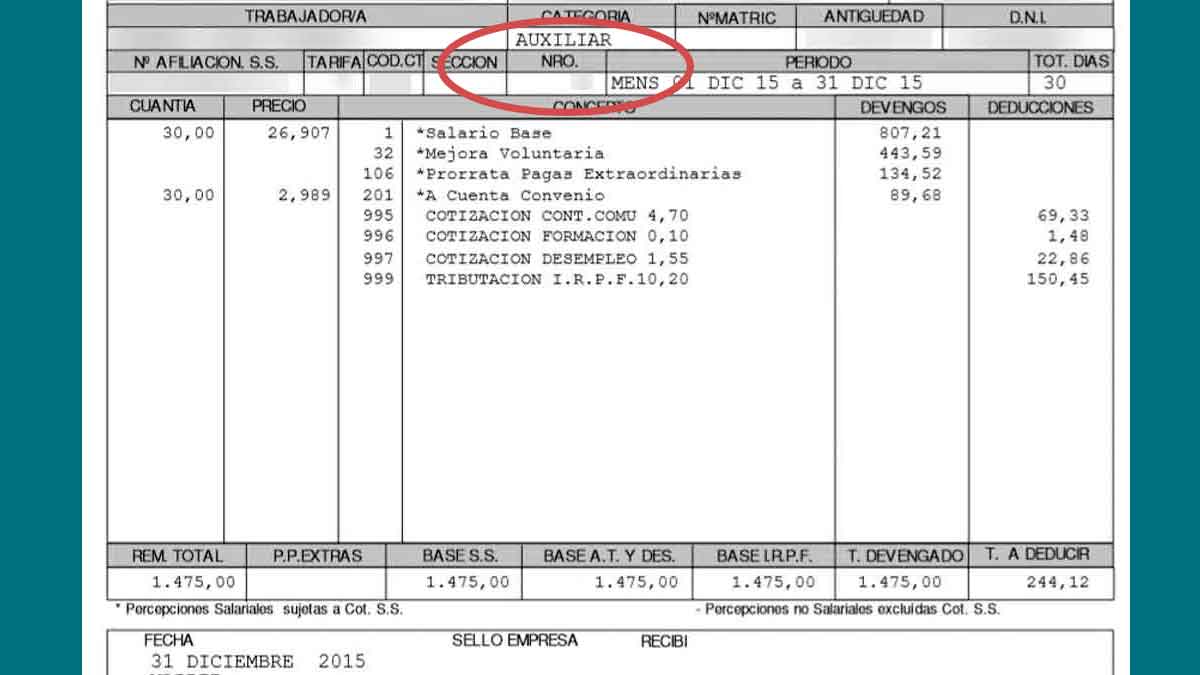Detalle de nómina con el grupo de cotización señalado en rojo para comprobar categoría profesional y base de cotización