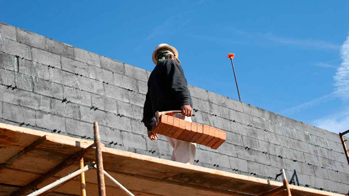 Trabajador de la construcción cargando ladrillos en andamio al aire libre