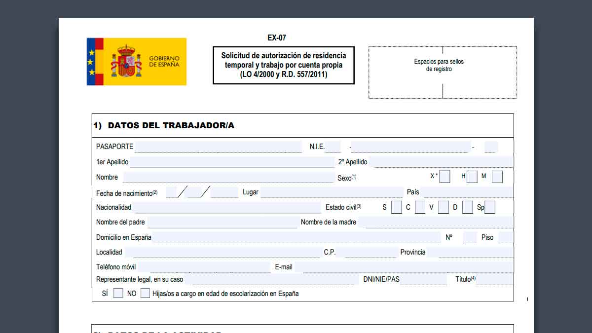 Formulario EX-07 para permiso de trabajo en España 2025 por cuenta propia