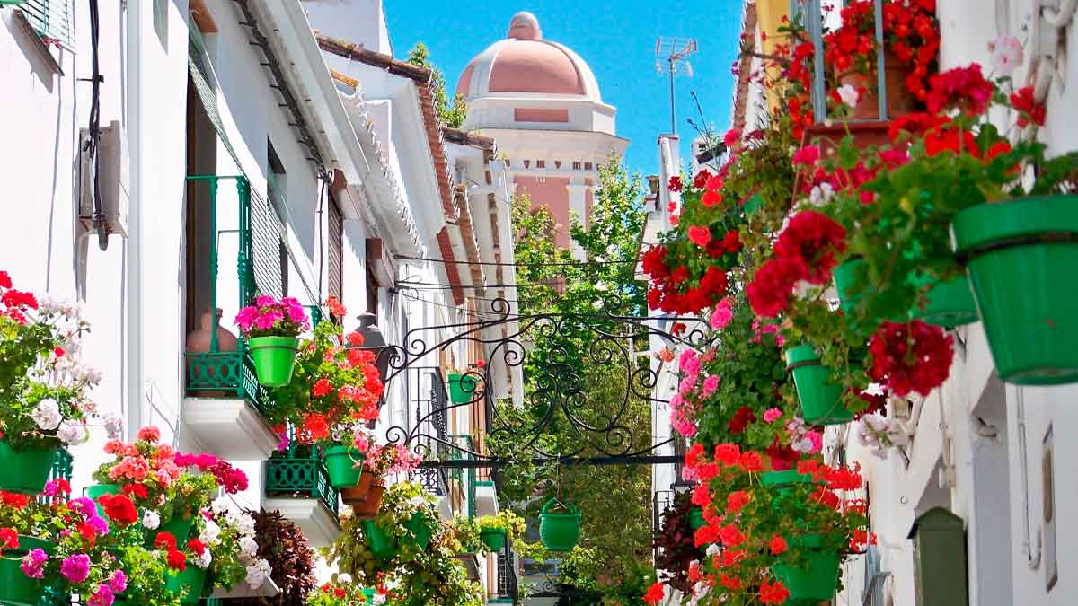 Calle con fachadas blancas y macetas de flores en un pueblo costero de Andalucía