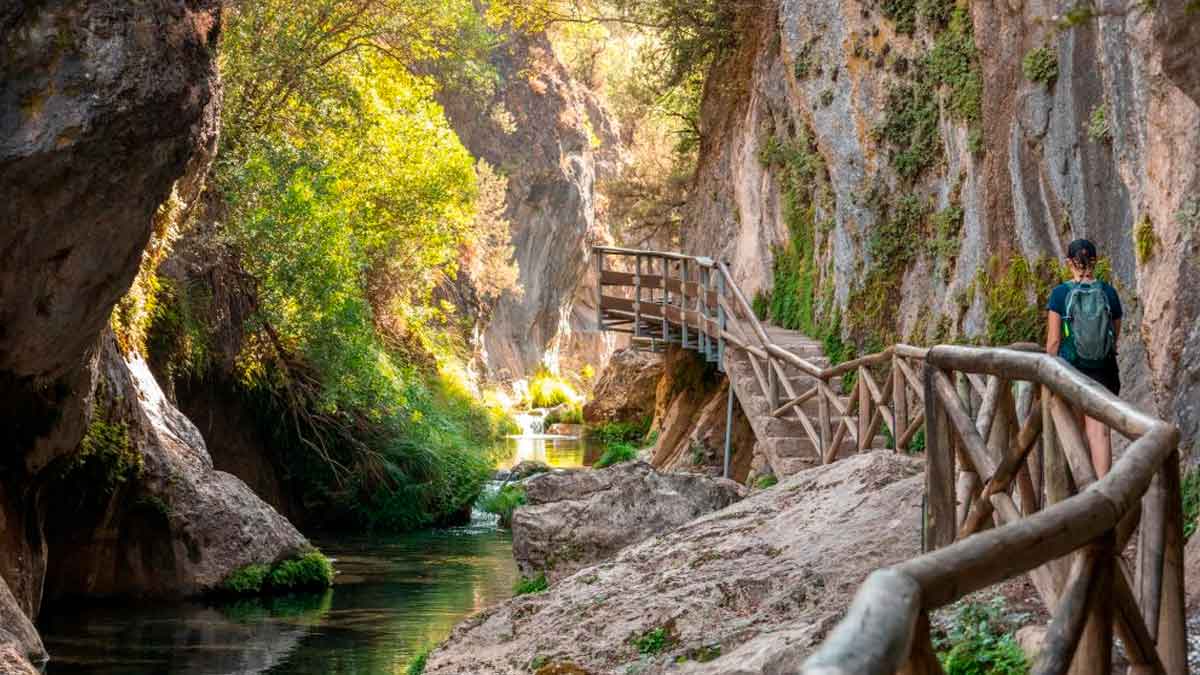 Pasarela de madera sobre las aguas cristalinas del río Borosa en la Sierra de Cazorla, ruta fácil y familiar