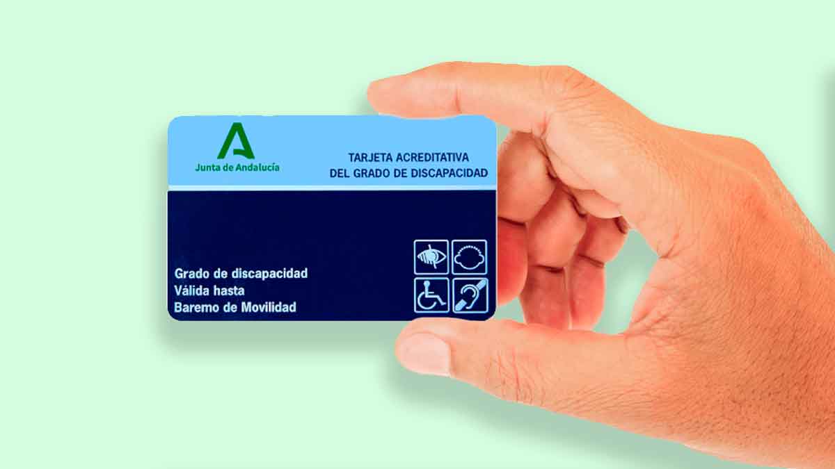 Tarjeta acreditativa del grado de discapacidad en Andalucía sostenida con la mano