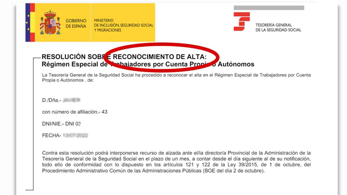 Resolución de alta en la Seguridad Social para trabajadores autónomos en España
