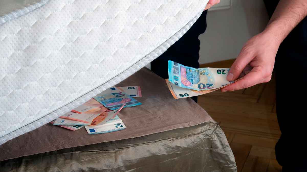 Billetes de euros guardados bajo un colchón como ahorro en efectivo para emergencias