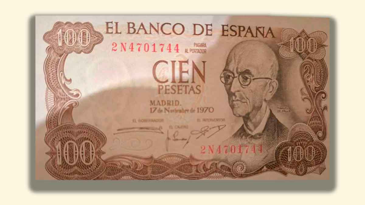 Billete de 100 pesetas de 1970 con Manuel de Falla del Banco de España