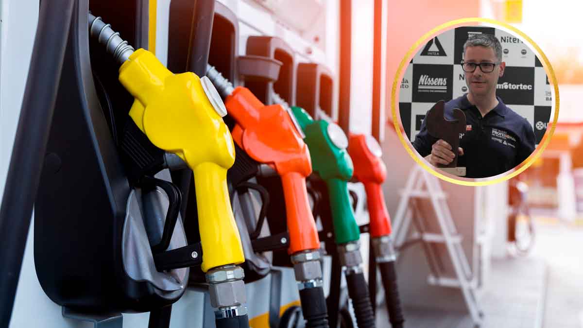 Surtidores de gasolina en gasolinera y Carlos Pérez, mejor mecánico de España 2025, advirtiendo sobre combustibles low cost