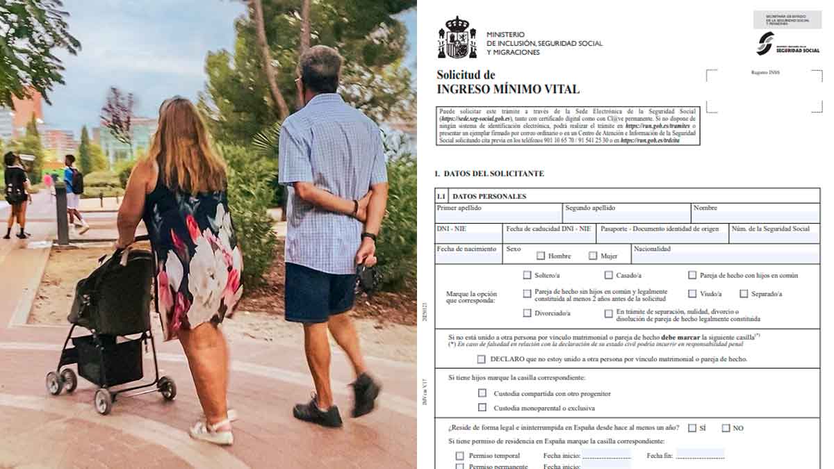 Formulario del Ingreso Mínimo Vital y familia beneficiaria paseando en España septiembre 2025