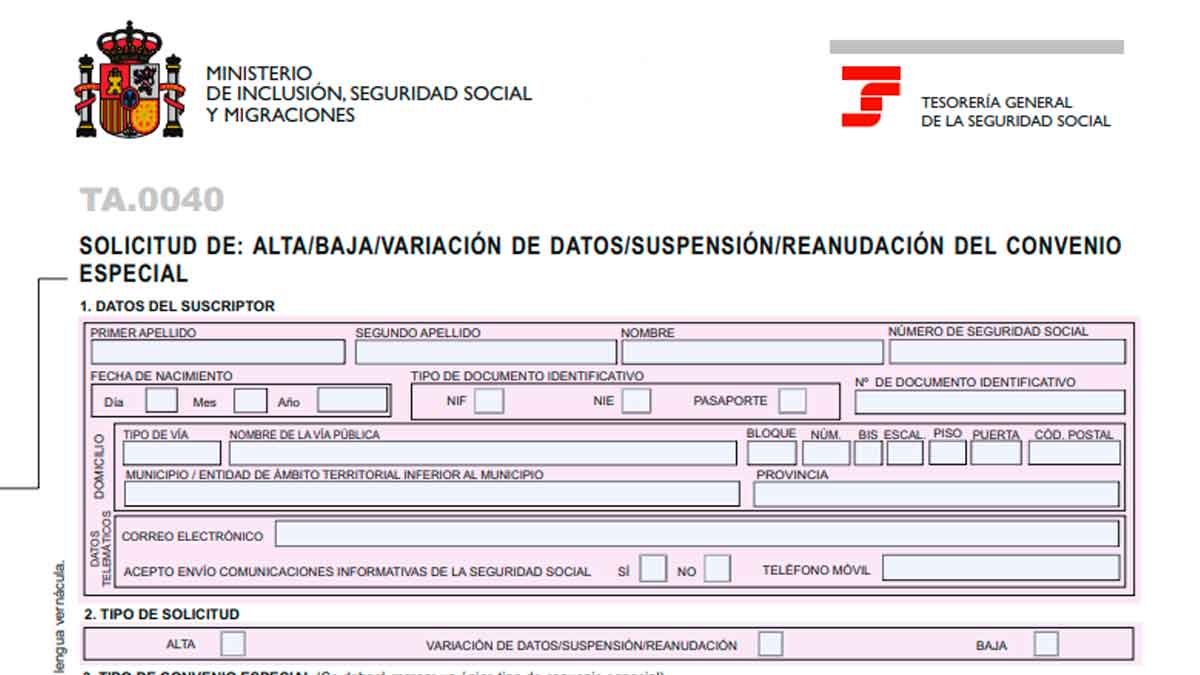 Formulario TA-0040 de la Seguridad Social para cotizar sin trabajar y completar años de cotización para la pensión