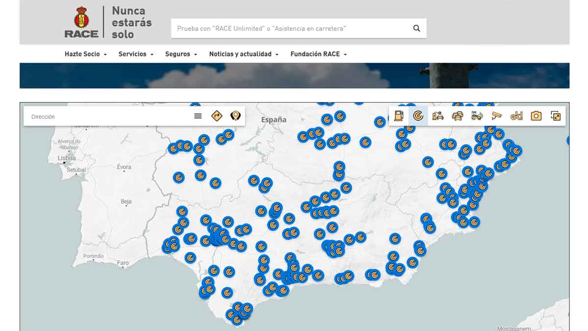 Mapa de radares en Andalucía con ubicaciones de puntos de control de velocidad del RACE