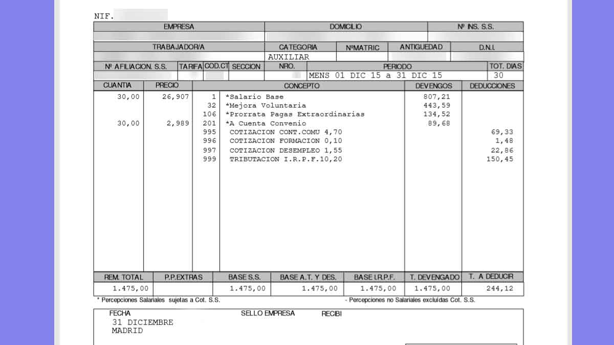 Ejemplo de nómina en España con deducciones y aplicación del MEI hasta 2050
