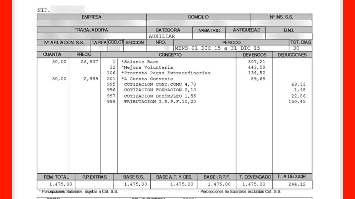 Ejemplo de nómina con deducciones por cotizaciones a la Seguridad Social en 2026