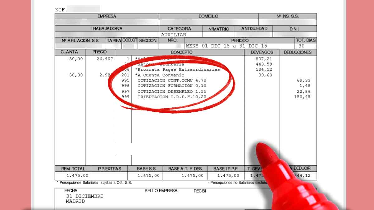 Detalle de nómina con deducciones de la Seguridad Social y recortes salariales previstos en 2026