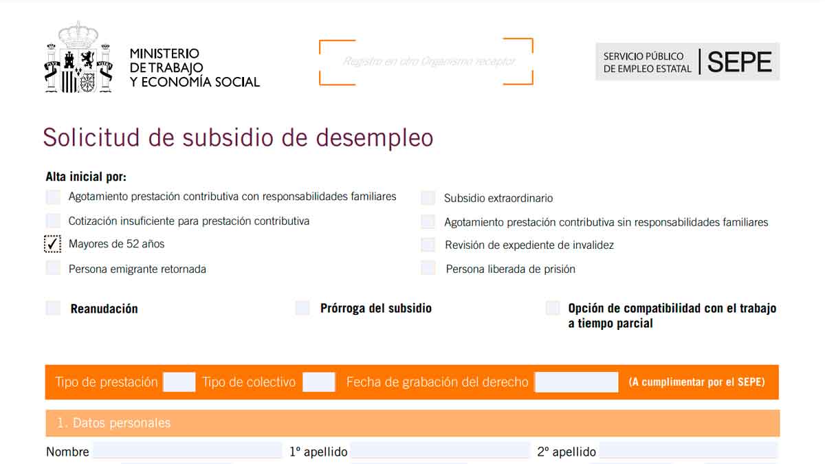 Formulario oficial del SEPE para solicitar el subsidio de desempleo para mayores de 52 años