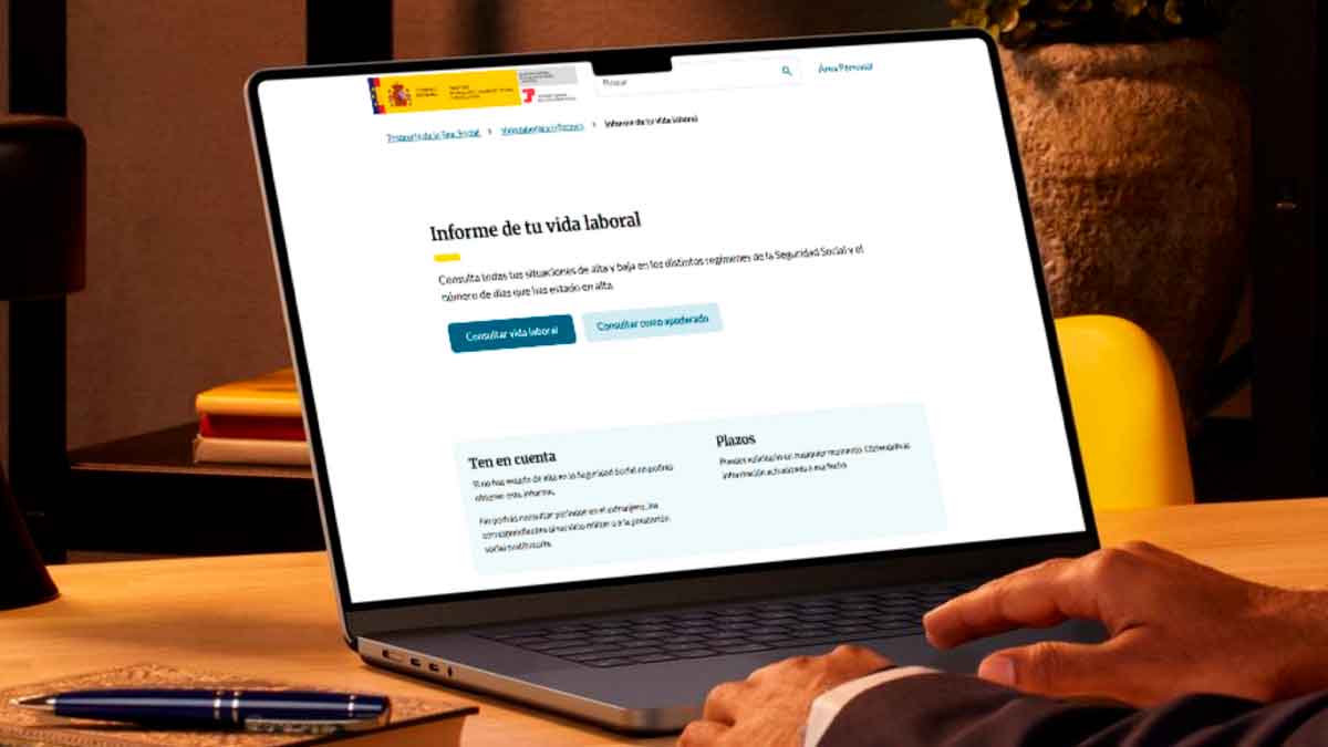 Pantalla de ordenador con portal de la Seguridad Social mostrando informe de vida laboral online