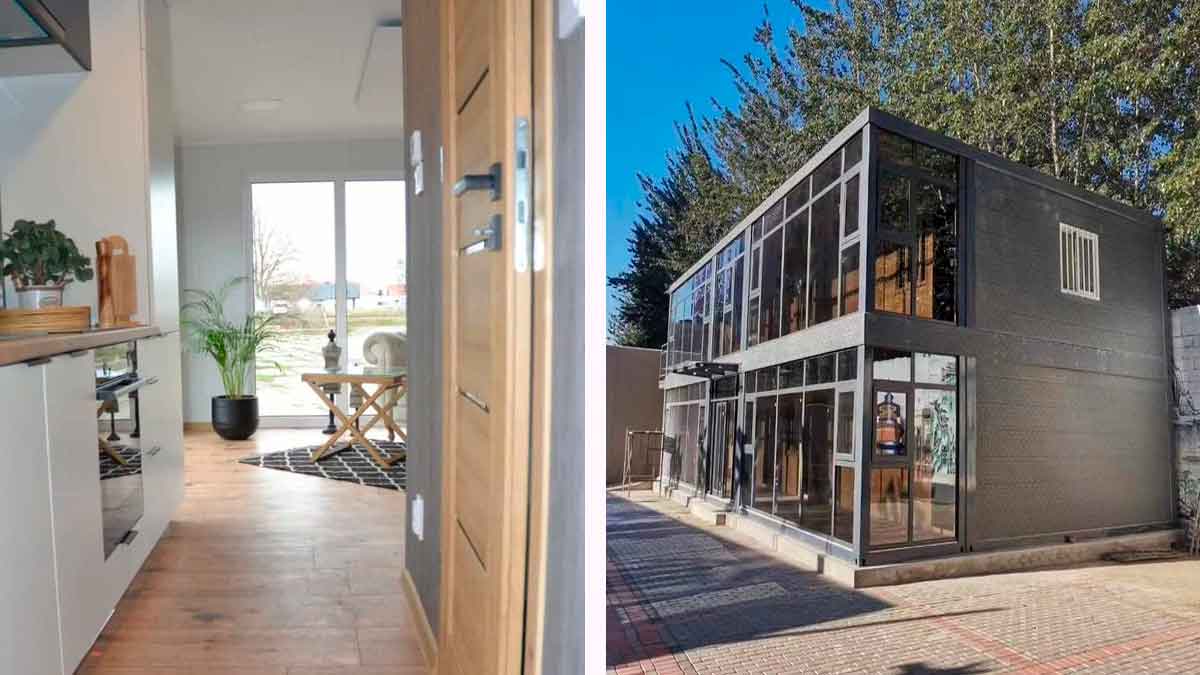 Tiny house prefabricada de lujo en Amazon con dos plantas, estructura de acero y diseño moderno interior y exterior