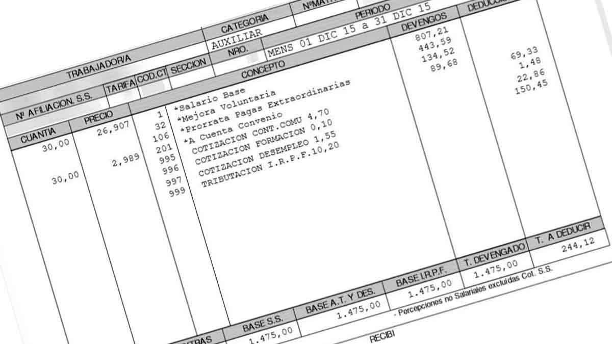 Nómina con salario base, cotizaciones a la Seguridad Social y deducciones IRPF
