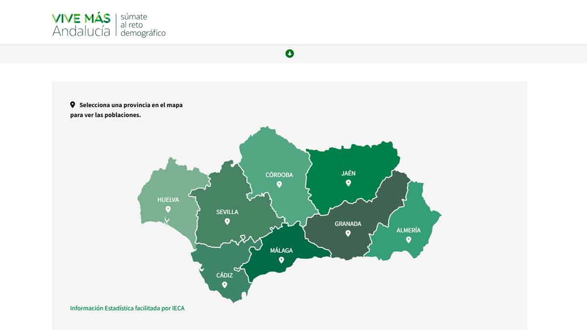 Mapa de Andalucía en el portal Vive Más Andalucía para encontrar el pueblo de tu vida