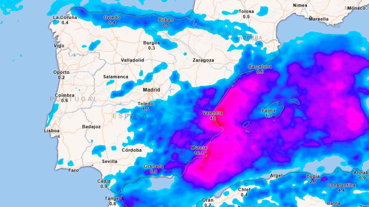 Mapa de previsión de lluvias de la AEMET por la DANA Alice con fuertes precipitaciones en el Mediterráneo y Baleares