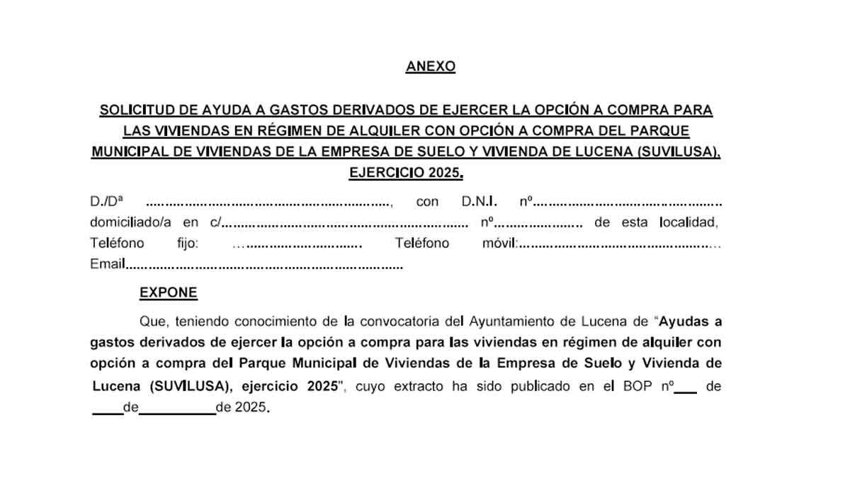 Formulario oficial de solicitud de ayuda para gastos de compra de viviendas en alquiler con opción a compra del Ayuntamiento de Lucena 2025