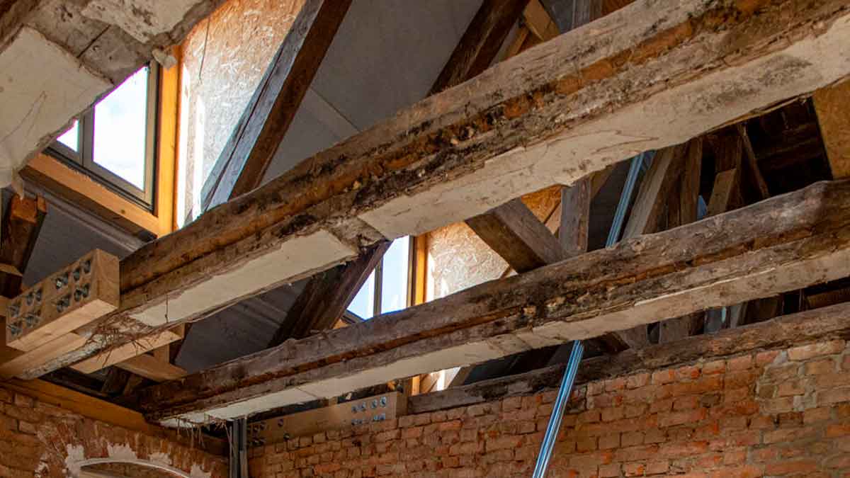 Techo de madera y ladrillo en proceso de rehabilitación dentro de una vivienda antigua que opta a ayudas municipales de 1.000 euros