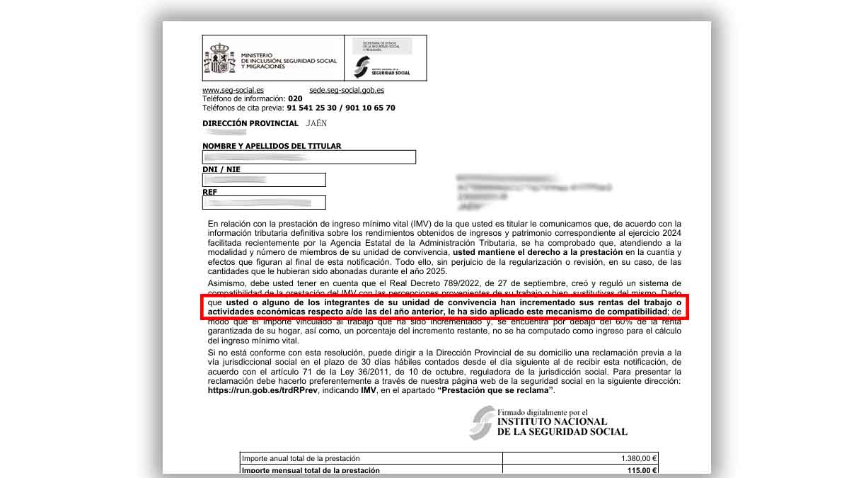 Carta oficial de la Seguridad Social enviada a beneficiarios del Ingreso Mínimo Vital tras el cruce de datos con Hacienda