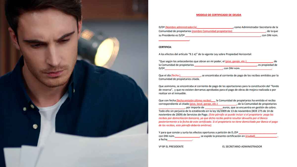 Hombre revisando el modelo del certificado de deudas de la comunidad antes de comprar una vivienda