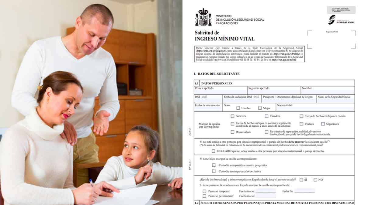 Familia completando la solicitud del Ingreso Mínimo Vital junto al formulario oficial de la Seguridad Social