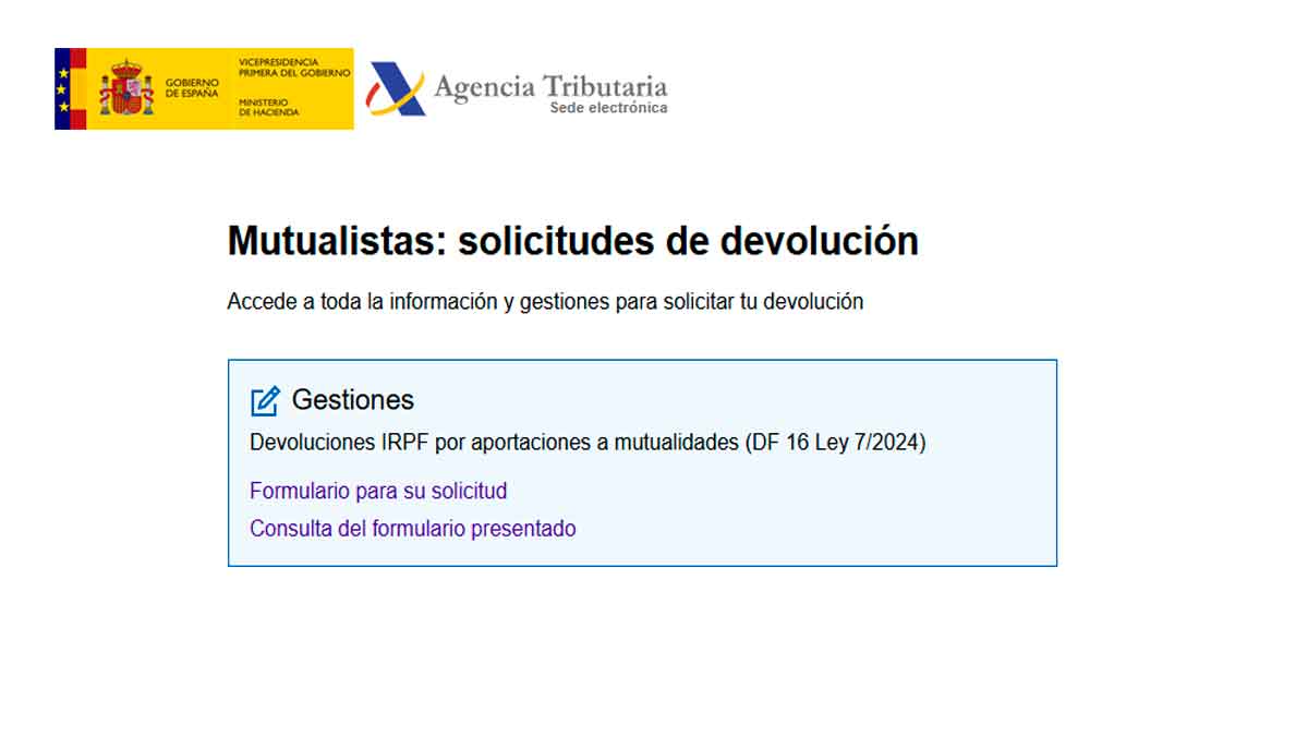 Pantalla de la Sede Electrónica de la Agencia Tributaria para solicitar la devolución del IRPF a mutualistas en 2025