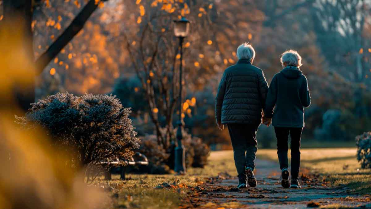 Pareja de jubilados caminando por un parque en otoño representando el sistema de pensiones en España 2025