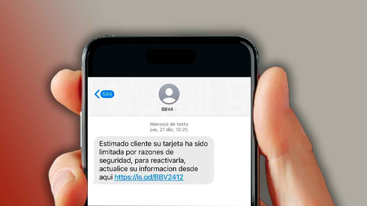 Mensaje falso del BBVA que avisa de tarjeta bloqueada y dirige a enlace fraudulento por SMS