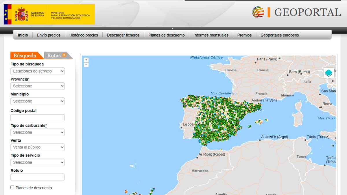 Mapa interactivo del Geoportal del Gobierno de España con precios actualizados de gasolina y diésel por provincias