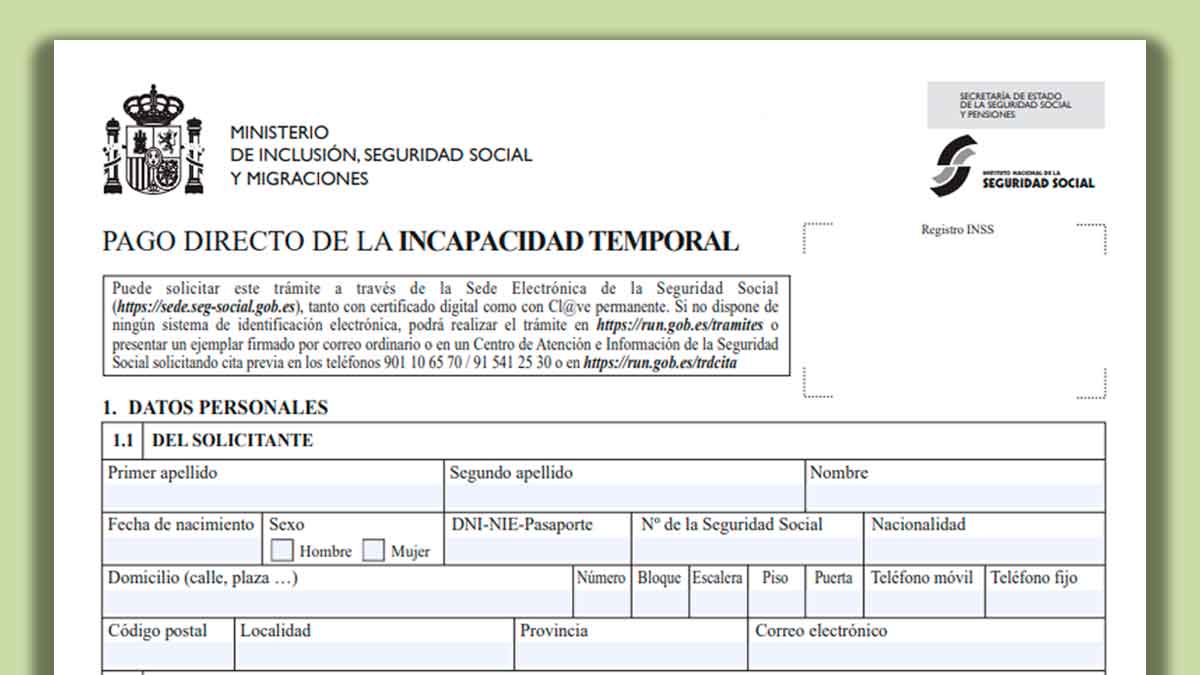 Formulario oficial del INSS para solicitar el pago directo por incapacidad temporal