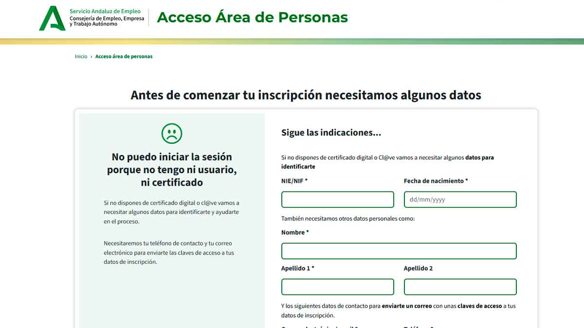 Pantalla de acceso al área de personas del SAE para inscribirse o renovar la demanda de empleo sin certificado digital