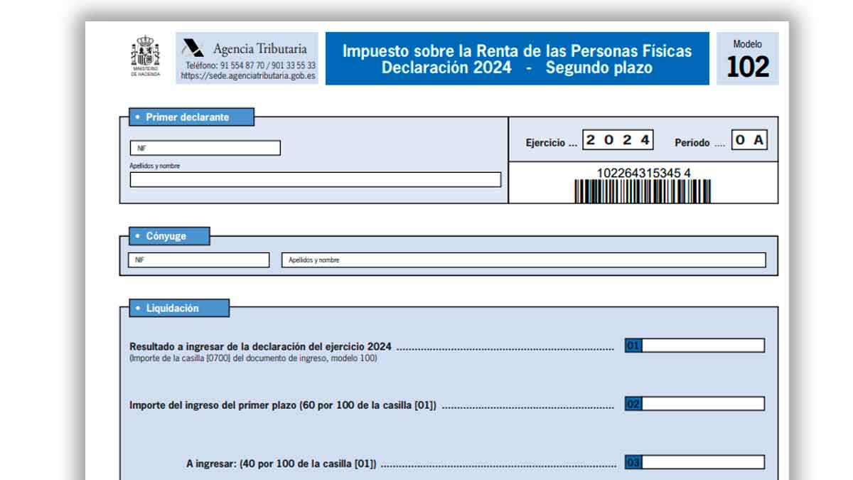 Modelo 102 de Hacienda para pagar el segundo plazo de la declaración de la Renta 2024