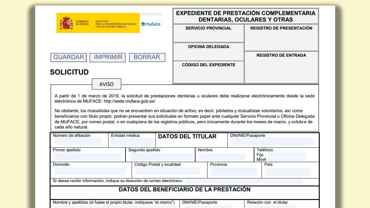 Formulario oficial de Muface para pedir en papel ayudas dentales y oculares en octubre