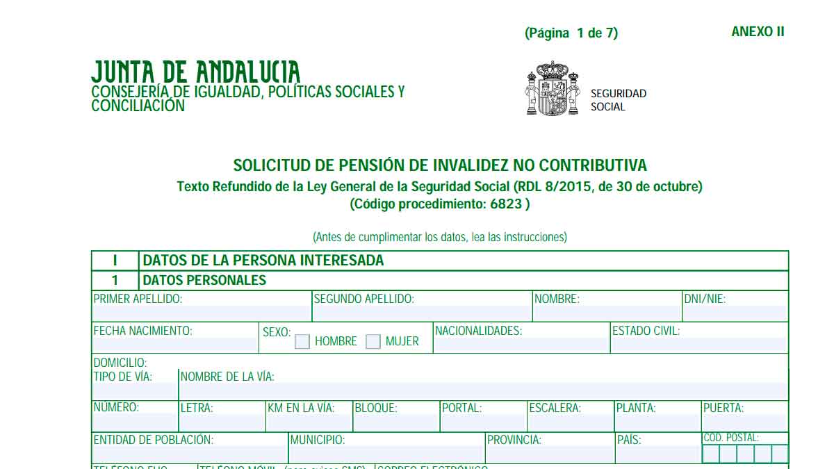 Formulario oficial de solicitud de la pensión no contributiva por invalidez de la Junta de Andalucía 2025