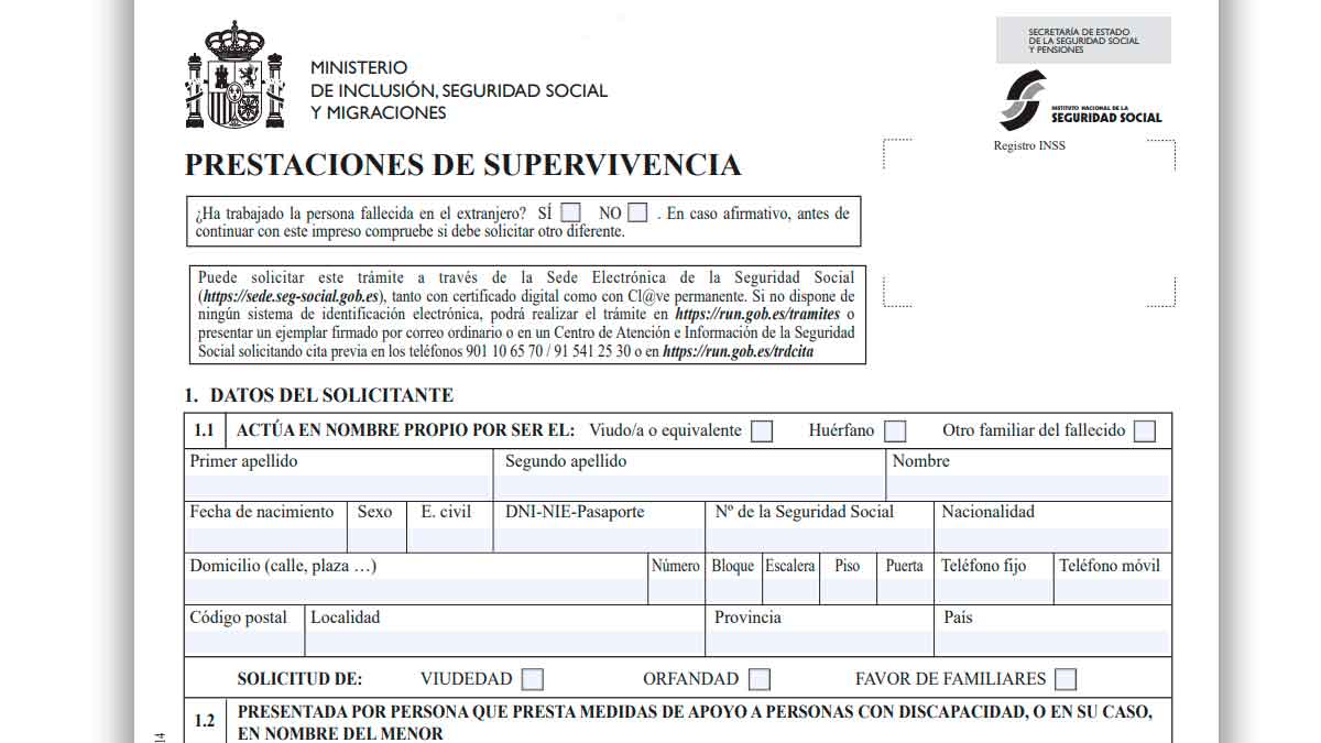 Formulario oficial de prestaciones de supervivencia de la Seguridad Social para solicitar la pensión de orfandad en 2025