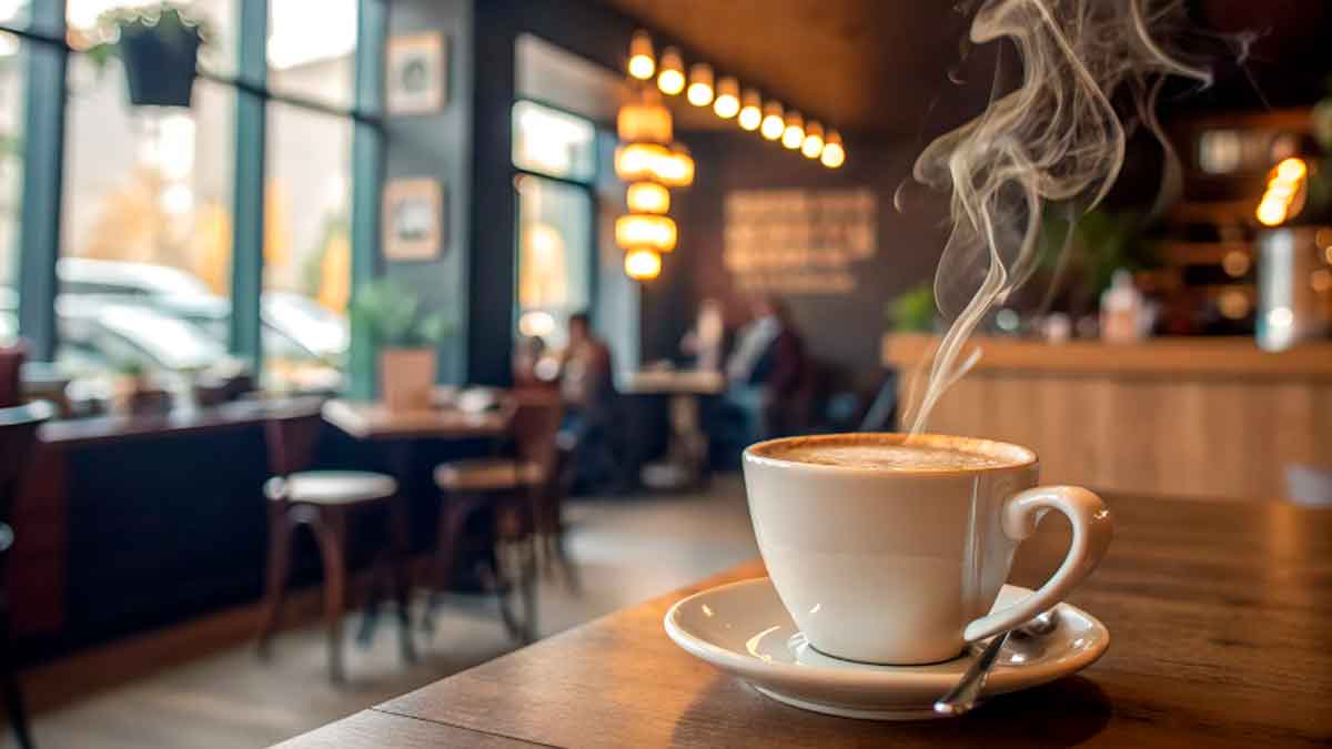 Taza de café humeante en una cafetería que ilustra la subida del precio del café en España