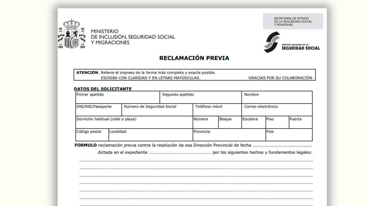 Formulario oficial de reclamación previa de la Seguridad Social en 2025 para presentar quejas o recursos administrativos