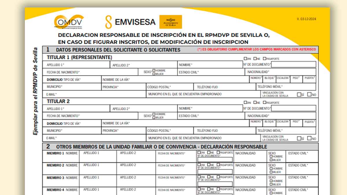 Formulario de inscripción en el Registro Público Municipal de Demandantes de Vivienda Protegida de Sevilla 2025