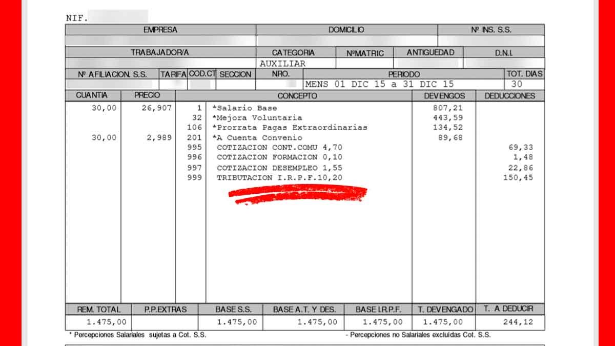 Ejemplo de nómina donde se refleja la tributación del IRPF aplicable al Salario Mínimo Interprofesional según Hacienda
