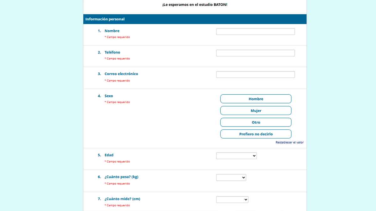 Formulario de inscripción del Estudio BATON de la Universidad de Granada para participar en una investigación sobre nutrición y pérdida de peso