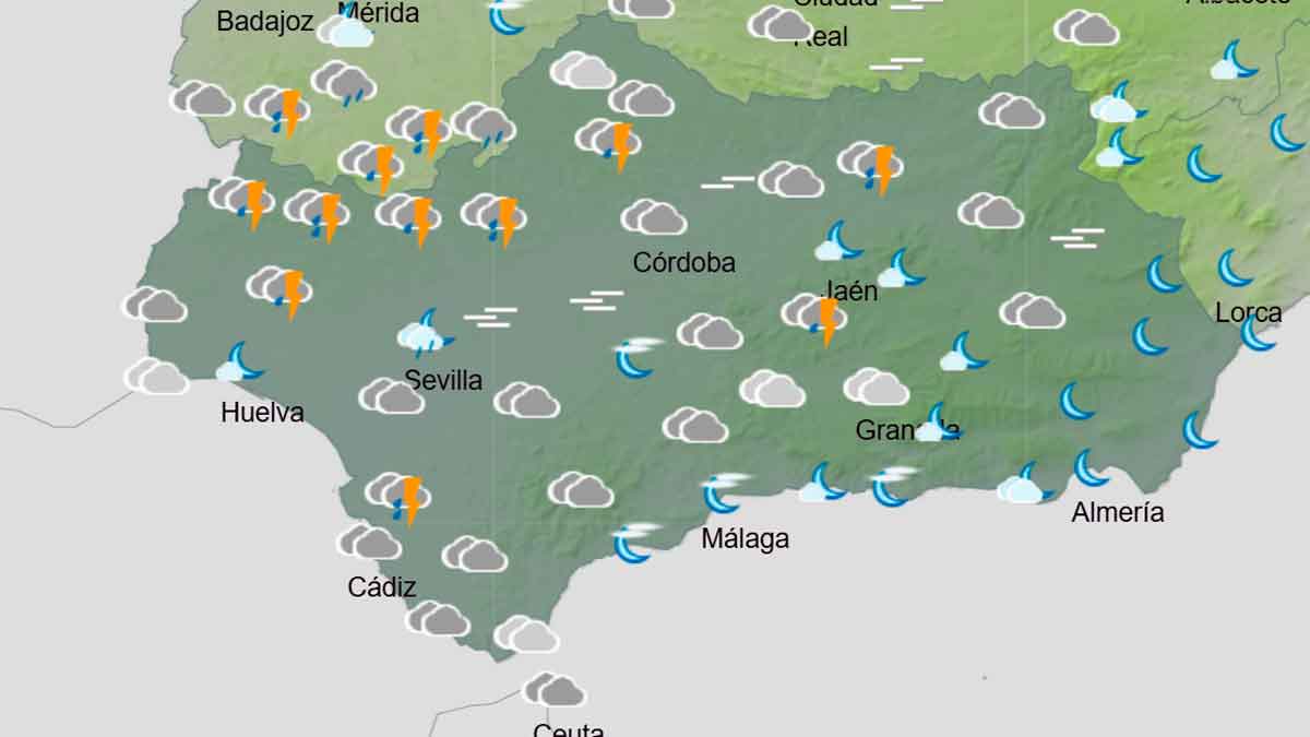 Mapa meteorológico de Andalucía con lluvias, tormentas y nubes ante la sacudida invernal anunciada por AEMET tras la borrasca Claudia