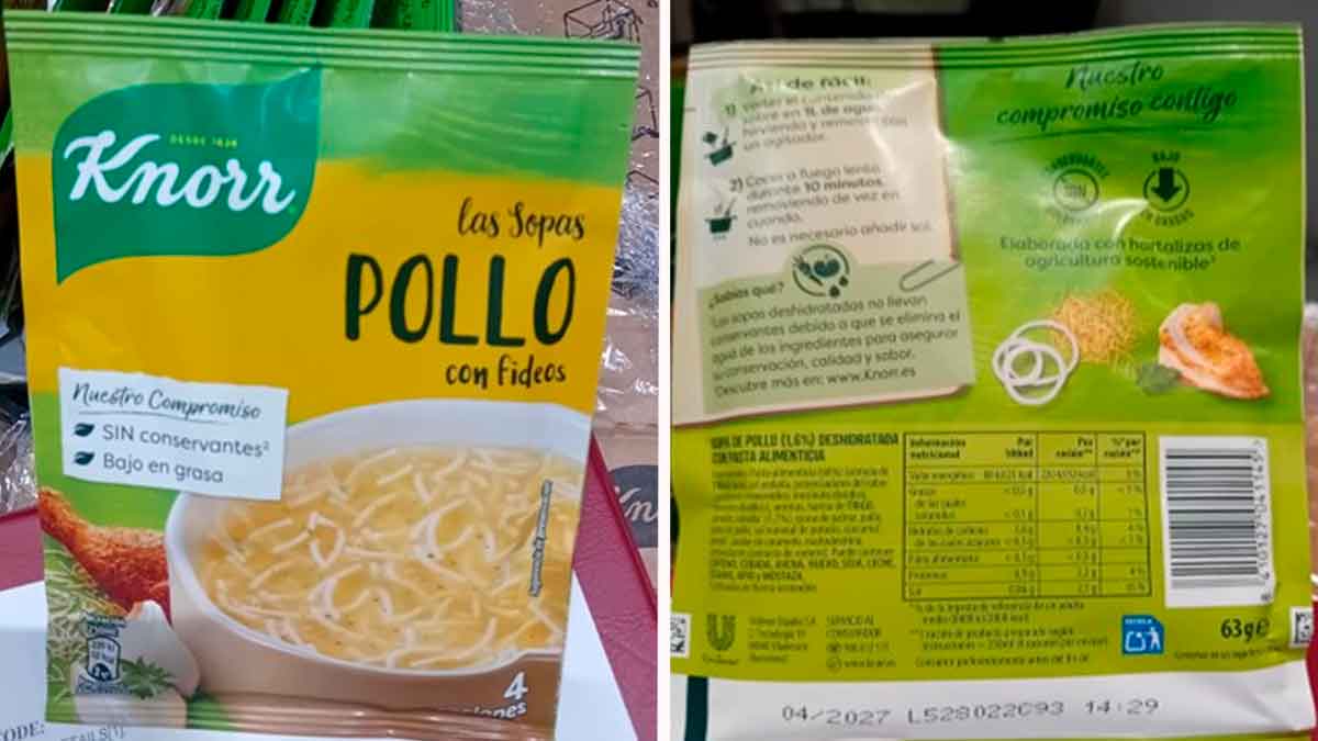 Sobre de sopa Knorr de pollo con fideos afectado por la alerta alimentaria de AESAN por presencia de metal y caucho