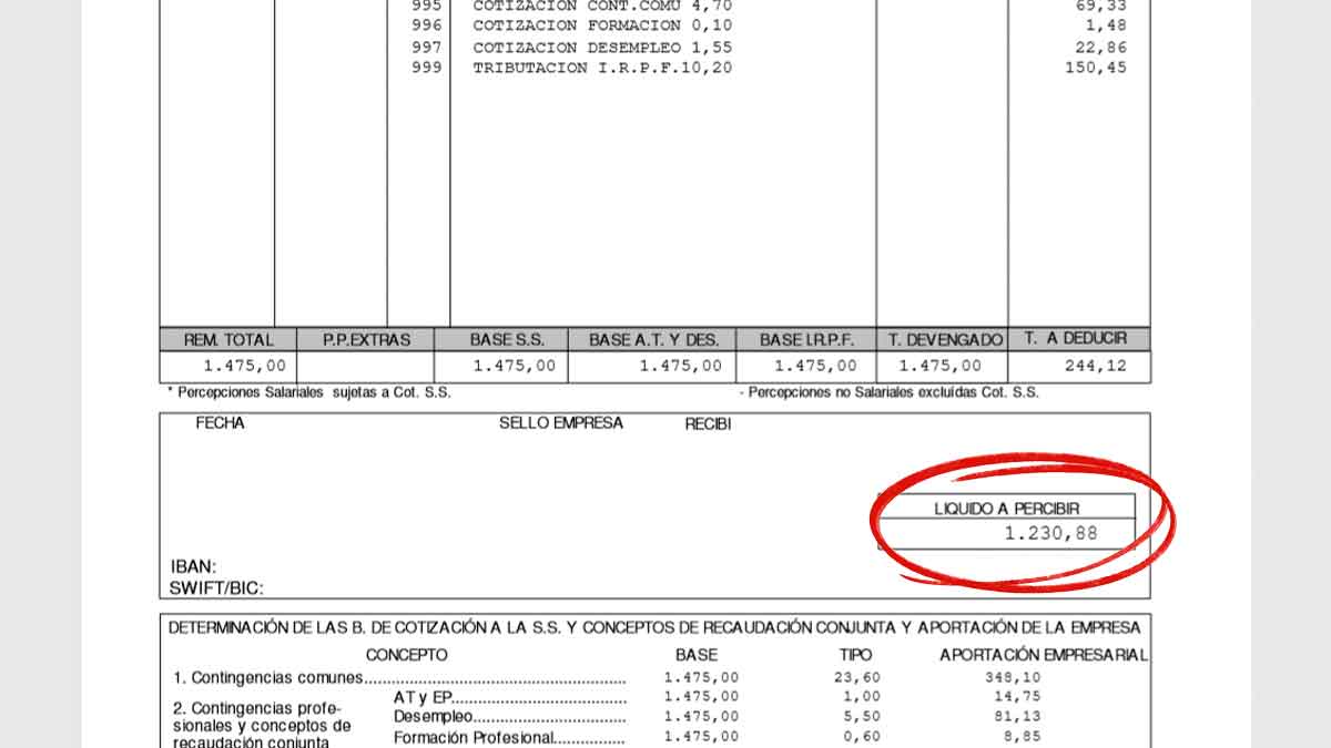 Nómina con líquido a percibir resaltado que representa el derecho a pedir un anticipo de salario según el Estatuto de los Trabajadores
