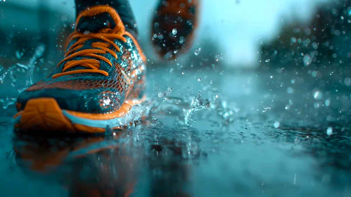 Zapatillas de running salpicando agua mientras una doctora en traumatología explica cuándo cambiarlas para evitar lesiones