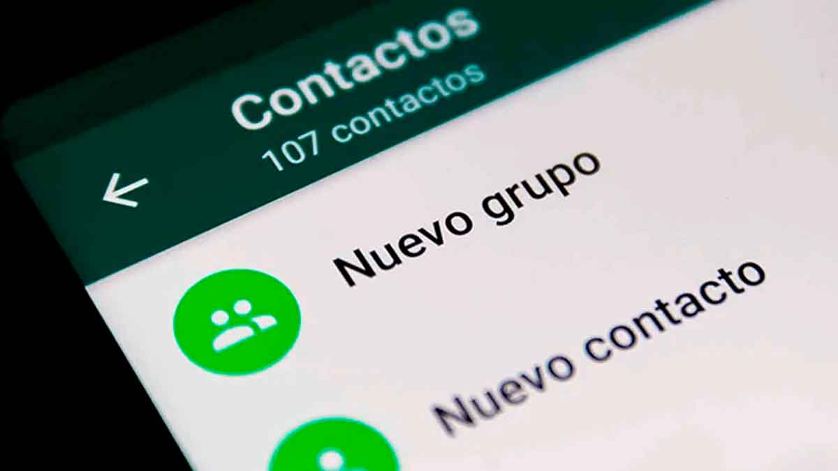 Pantalla de WhatsApp mostrando la opción de crear un nuevo grupo en el menú de contactos